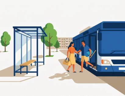 Doi vizitatori coboară din autobuz la stația de lângă parc