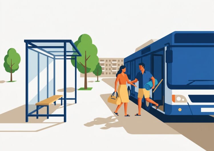 Doi vizitatori coboară din autobuz la stația de lângă parc