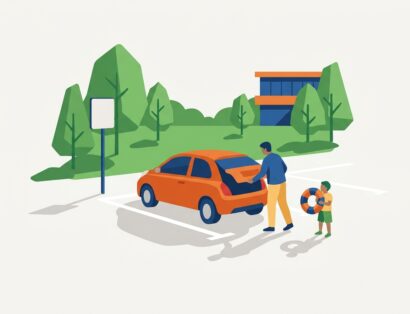 Părinte și copil descarcă bagajele în parcarea de lângă parc