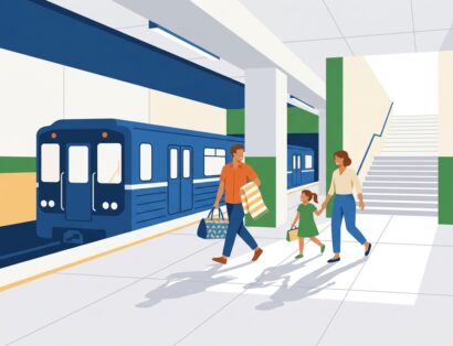 Familie coborând din metrou și mergând spre ieșirea din stație