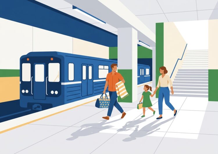 Familie coborând din metrou și mergând spre ieșirea din stație