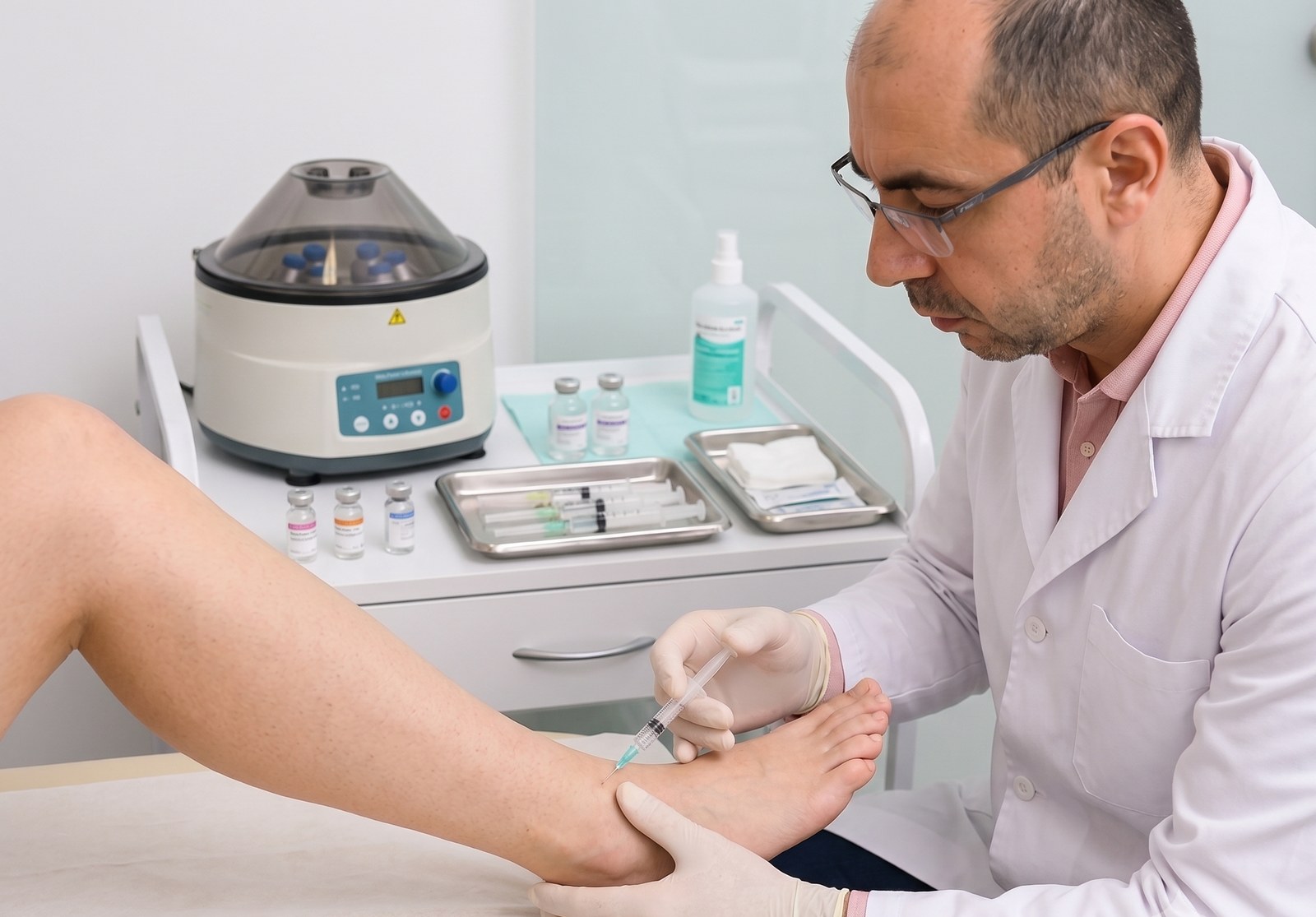 Medic efectuând o injectare cu remedii homeopate la nivelul gleznei