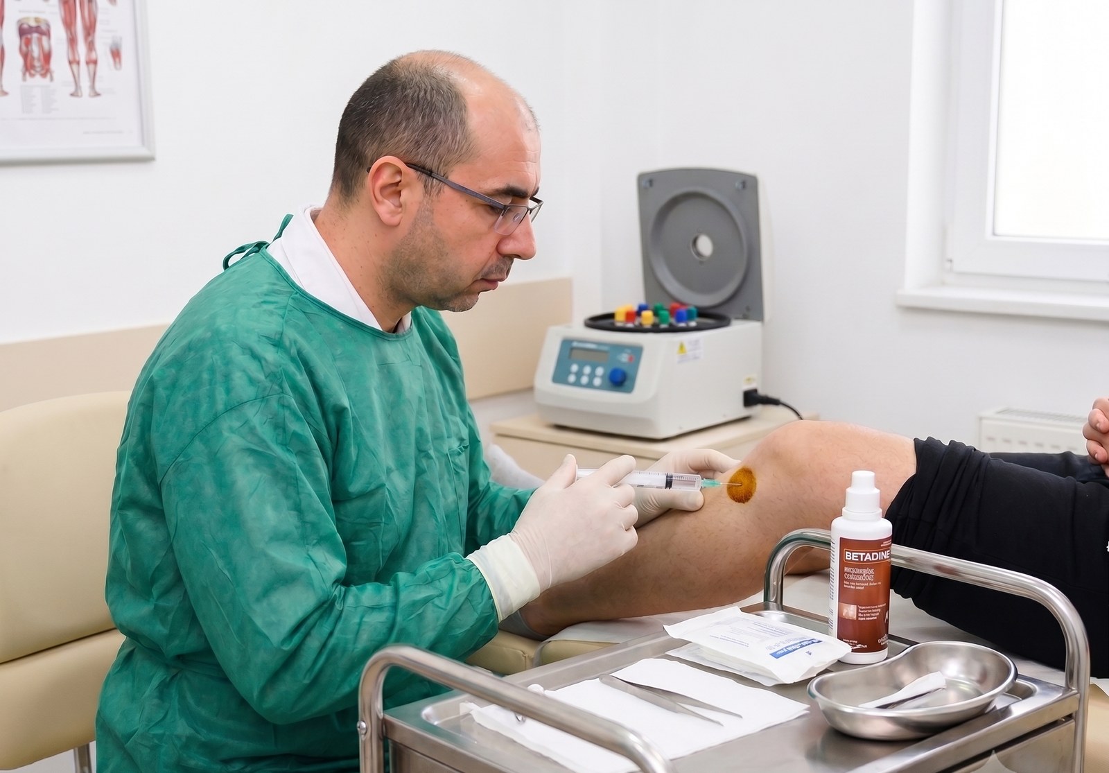 Medic efectuând o infiltrație la genunchi, cu câmp steril și instrumentar pregătit